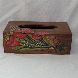 Vintage Wooden Tissue Box Cover Hand Painted Country Style Poppies Signed